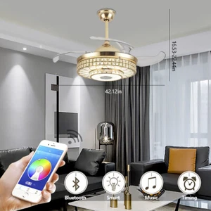 42" 7-Color Ceiling Fan Light Retractable W/Remote Bluetooth Music Speaker NEW - Picture 1 of 12