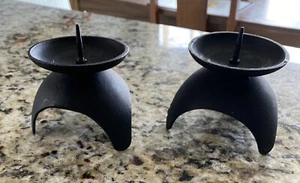 SET OF 2 Vintage MCM JAPAN Black Cast Iron Tripod Candle Holders Atomic Retro  - Picture 1 of 8