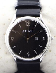 Beautiful Titan Black Dial Date Indicator Leather Band Men Watch Free Shipping