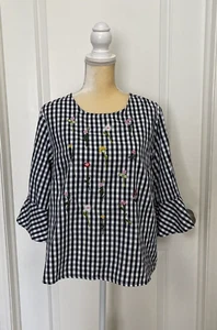 Chelsea & Theodore kariertes Blumenmuster besticktes Glockenärmelhemd Bluse Damen 14 - Bild 1 von 8