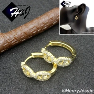 MEN WOMEN 925 STERLING SILVER ICY CZ GOLD PLATED LINK HUGGIE HOOP EARRING*GE278 - Picture 1 of 5