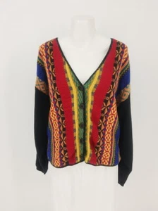 Vintage 80s 90s  Black w/ Colorful  Pattern Cardigan M Knit Hipster Grandmacore - Picture 1 of 11