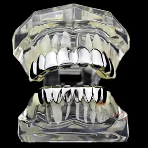 Men's Best Grillz 8/8 Set Eight Top & 8 Bottom Plain Silver Tone Hip Hop Teeth - Picture 1 of 7