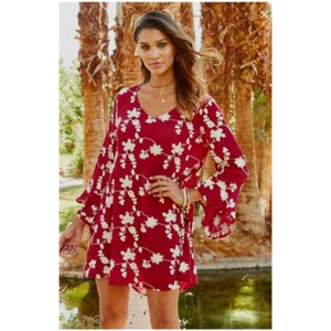 NWT Altar'd State Maroon Floral Embroidered Bell Sleeve Boho Chic Dress Sz S - Picture 1 of 13