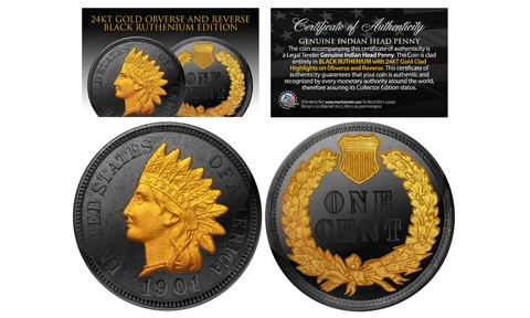 Genuine 1900's INDIAN HEAD CENT PENNY Full Head Coin BLACK RUTHENIUM 24K Gold Cover