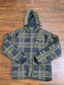 Element Skate Parka Jacket Medium Men’s Brown Plaid Faux Fur Hooded Removable - Picture 1 of 13