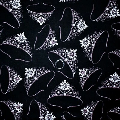 BonEful TELA FQ Algodón Edredón Negro Rosa Diva Niña Flor CORONA Plateado Metálico Foto 1 de 4