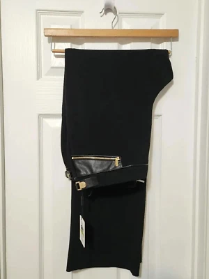 Pantalones negros Calvin Klein ribete de cuero sintético dorado bolsillos con cremallera para mujer 14 nuevos con etiquetas $99 Foto 1 de 4