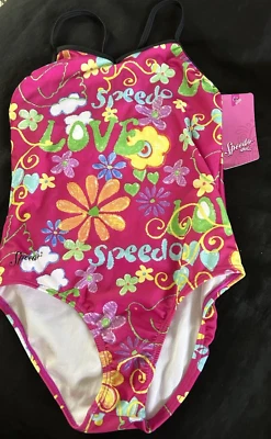 NEW Speedo Kid Girl 14 1-Pc Swimsuit LOVE Floral Lined Athletic Swim Camp Pink - Image 1 of 4