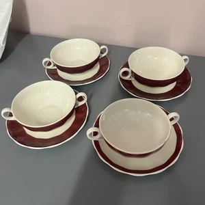 Vintage Grindley Cream Petal Soup Cups & Saucers – Set of 4 – Deep Red Band - Picture 1 of 6