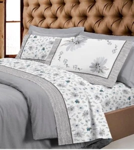 COMPLETO LENZUOLA FLANELLA SUPER EUROPA MARGHERITA FIORI GRIGIO MADE ITALY - Foto 1 di 5