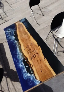 60"x30" Ocean Wave Epoxy Resin Center Dining Table Wooden Cafeteria Modern Decor - Picture 1 of 9