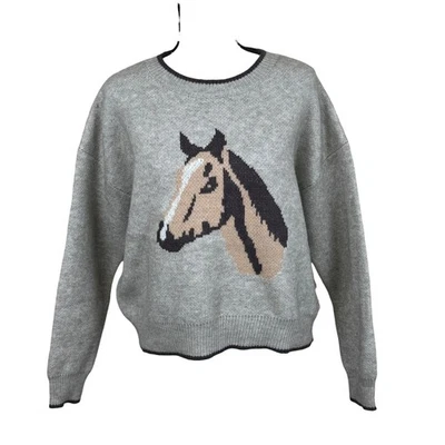 Anthropologie NWT Luna Ivy Horse Graphic Knit Sweater Taupe Brown Women's Size S - Image 1 of 4