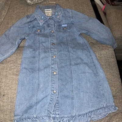 Vintage OshKosh Toddler Girls Sz 4/5 Denim Snap Front Dress Embroidered Collar - Image 1 of 4