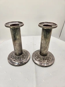 Vintage Pair of Silver Plated Candlesticks Round Corinthian Column Style 4 1/2" - Picture 1 of 8