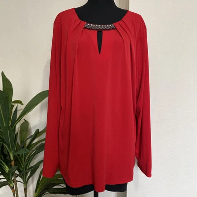 Liz Claiborne Career Woman Blouse 2X Red Rhinestone Keyhole Neck Long Sleeve Top - Image 1 of 4