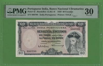 PORTUGUESE  INDIA  60 ESCUDOS 1959  PICK # 42  PMG 30  VERY FINE - Image 1 of 2
