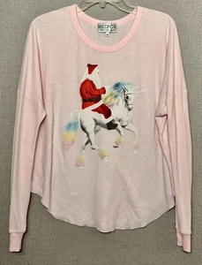Top termico Wildfox Santa Unicorn oversize waffle maglia rosa manica lunga XS USA - Foto 1 di 7