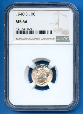1940 S NGC MS66 Mercury Dime 10c US Mint Silver Coin 1940-S MS-66 - Image 1 of 3