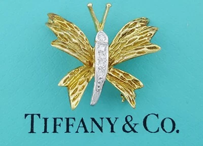 Broche broche mariposa diamante Tiffany & Co vintage 0,09 quilates oro amarillo 18k y placa Foto 1 de 4