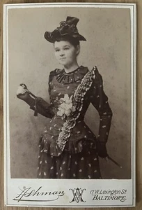 Antique Cabinet Card Photograph Young Woman Parasol Dress Hat Glovelettes Girl - Picture 1 of 5