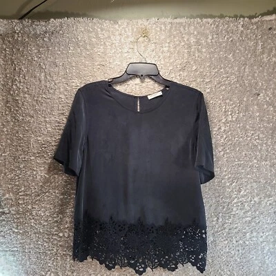 Equipment Femme Women Black Small Suede Silk Blouse With Lace Detailing - Image 1 of 4