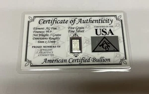 5 Grain Silver 99.9 Bar - American Certified Bullion - Fine - COA - Sealed - Imagen 1 de 4