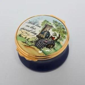 BILSTON & BATTERSEA HALCYON DAYS "MIT LIEBE AN DIESEM BESONDEREN TAG" EMAILLE PILLENDOSE - Bild 1 von 5