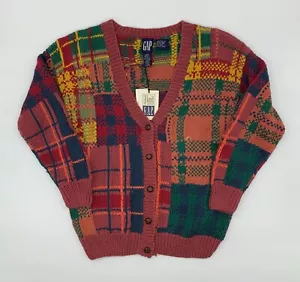 Vintage 90s Gap Kids Handknit Cardigan Sweater Size Youth M Multicolor Plaid - Picture 1 of 6