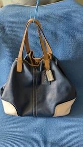 COACH Hadley Midnight Blue/White Leather Convertible Duffle Tote Bag - Picture 1 of 7