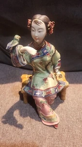 Pre-owned Chinese Wucai Porcelain Pottery Lady Bird Lucky Happy Flower Statue - Picture 1 of 8
