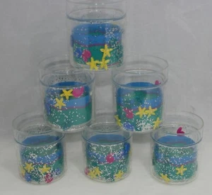 6 bicchieri vintage anni 80 acrilico lowball rock galleggianti stelle marine conchiglie glitter - Foto 1 di 6