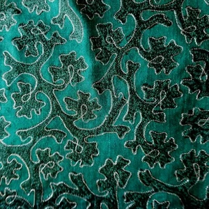 Deep Emerald Green Embroidered Raw Silk Suiting Edged w/ Metallic Gold - Picture 1 of 4