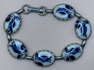 Delft Blue Ship on Porcelain Bracelet in Silver Tone - Picture 1 of 4