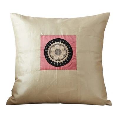 Set of 2 Boho Silk Throw Pillow Covers 16.5” Beige Patchwork Embroidered Mandala - Image 1 of 4