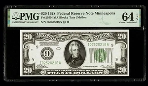 1928 $20 FRN Minneapolis Numeral 9 Fr. 2050-I PMG 64 EPQ Serial I02528216A UNC - Picture 1 of 2