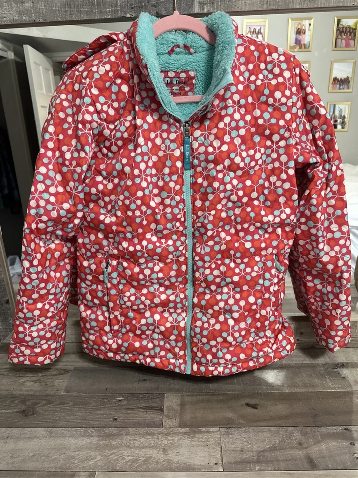 L.L. Bean Niñas Rosa Geométrico Puffer Chaqueta Sherpa Forrada Grande 14-16 Foto 1 de 4