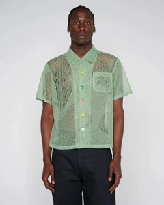 Brain Dead Engineered Mesh Summer Short Sleeve Button Up Board Shirt Green Sz M - Picture 1 of 13