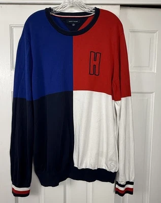 Suéter de malha listrado multicolorido vintage Tommy Hilfiger colorblock tamanho XXL Academia - Imagem 1 de 4