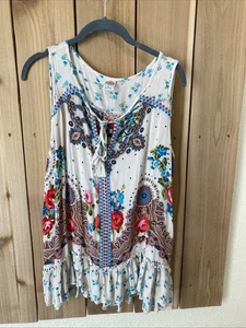 Weißes ärmelloses Top von Bila mit mehrfarbigen Blumen & Quasten Größe L neu ohne Etikett - Bild 1 von 2