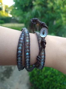 Natural Glowing Labradorite Round Polished Beads Leather Bracelet Wrap - Picture 1 of 5