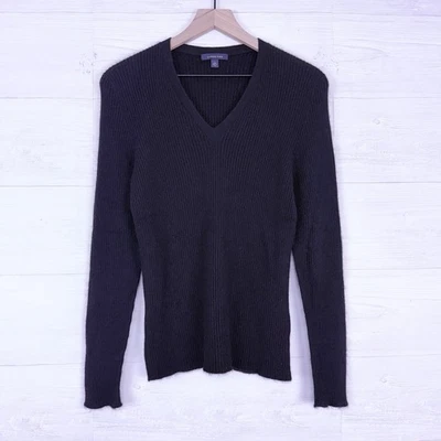 Lands' End 100% Cashmere Sweater Women Large V-Neck Black Ribbed Classic Minimal - Image 1 of 4