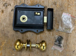 BLACK BRASS RIM KNOB LOCK SET SMALL COTTAGE BATHROOM BEDROOM VINTAGE CLEARANCE - Picture 1 of 7