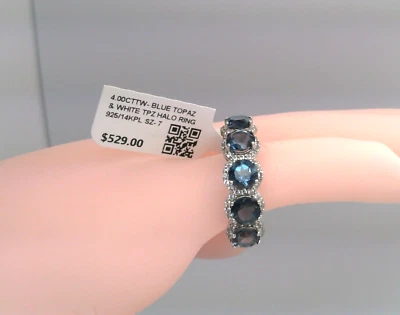 $529- 4.00CT Natural London Blue & White Topaz Halo BAND RING, SS/14K PL -SIZE 7 - Изображение 1 из 4