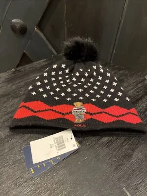 NUEVO CON ETIQUETAS Polo Ralph Lauren Para Mujer Polo Oso Invierno Sombrero con Pompón de Piel Sintética Negro Foto 1 de 3