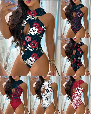 Houston Texans Womens One Piece Swimsuit Summer Beach Cutout Halter Bathing Suit Cover