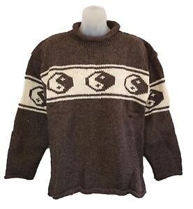 Mens Woollen Yin Yang Jumper Brown Warm Thick Pullover Hippie Ethnic Hunter Cool