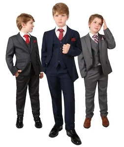 Boys Tailored Fit Wedding Suit 6 Piece Page Boy Prom Charcoal Grey Navy Blue Set - Picture 1 of 19