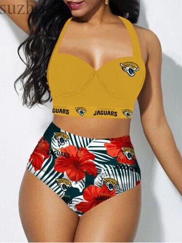 Jacksonville Jaguars Women's 2PCS Bikini Push Up Swimsuit Beach Halter Swimwear Cover