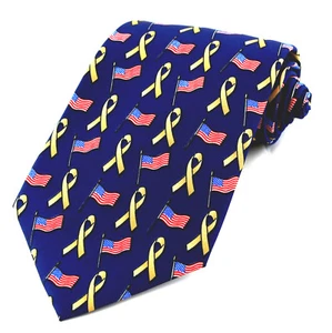 Yellow Ribbon Men's Neck Tie POW MIA US Military Soldier Patriotic Blue Necktie  - Picture 1 of 4